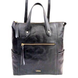 LODIS Catalina Black Leather Convertible Bucket Backpack Shoulder Sling Bag Tote